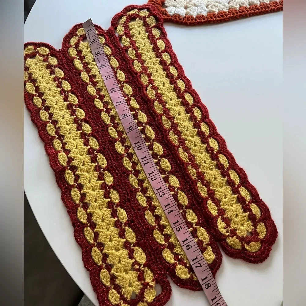 Vintage Handmade Crochet Set of 2 Red Gold Orange Cream Scallop Panels Decor